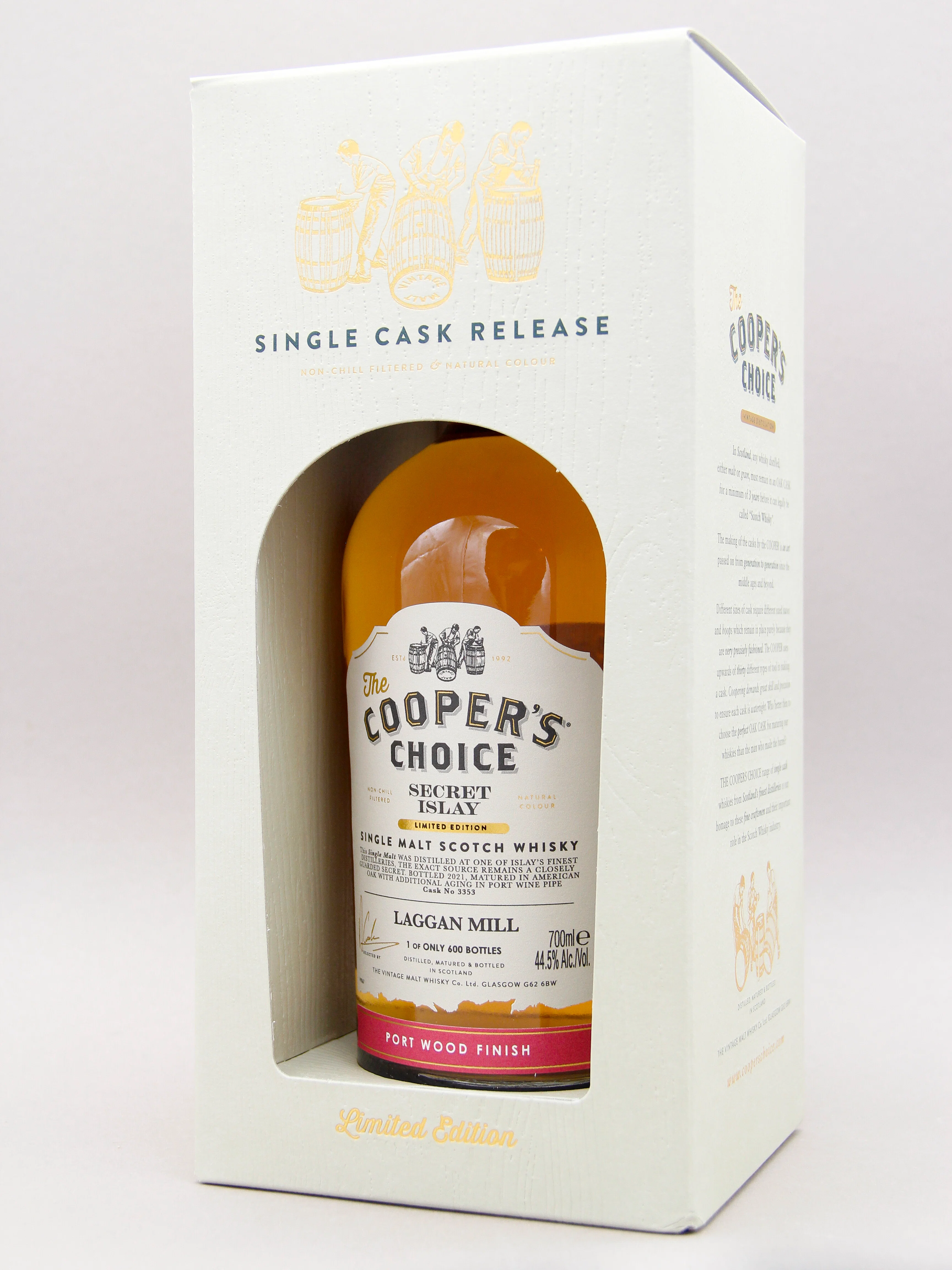 Cooper's Choice, Secret Islay, Laggan Mill, Port Wood Finish, Single Malt Scotch Whisky (44.5%, 70cl) - Image 2