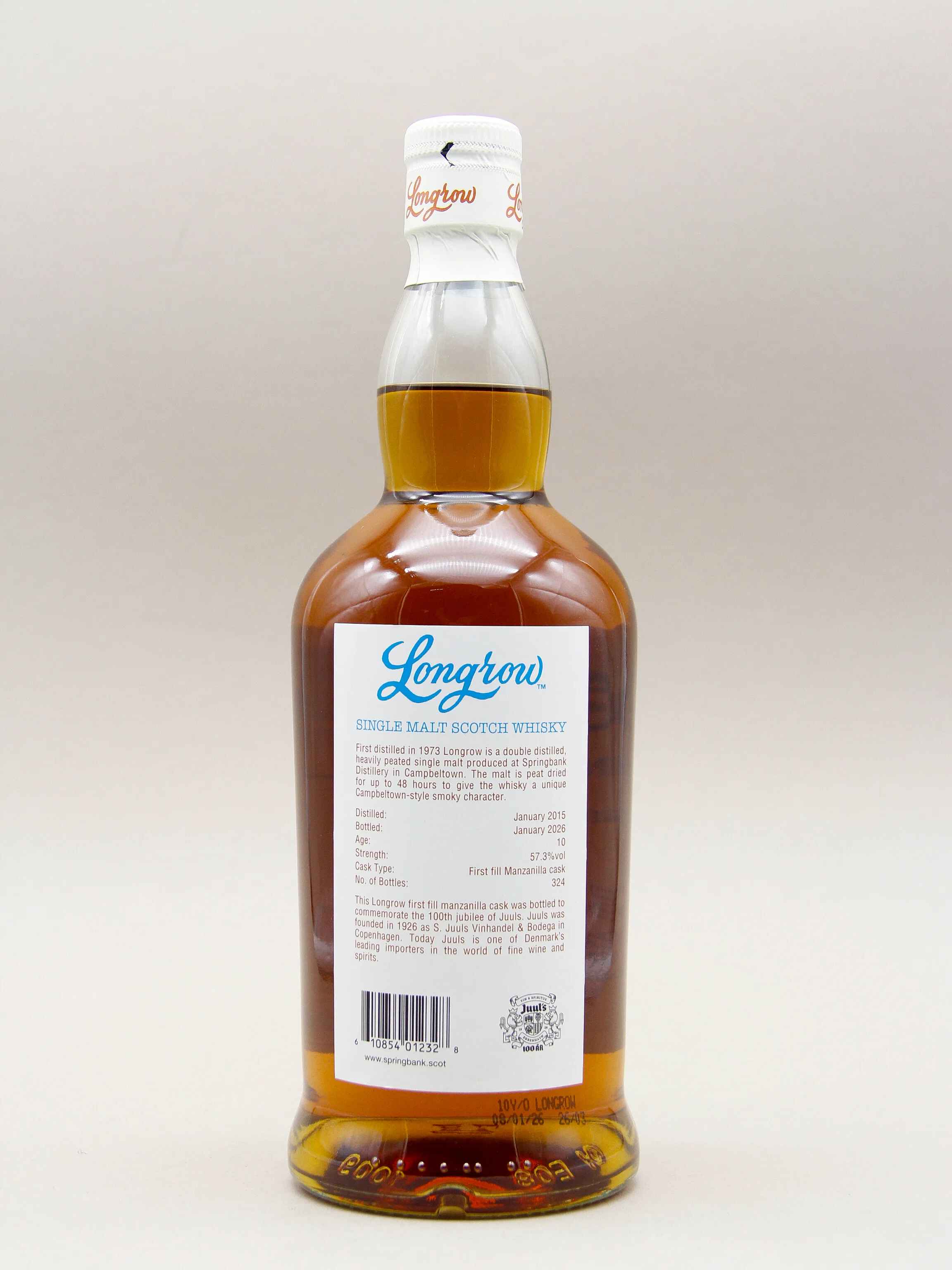 Longrow 10 Years, Single Cask Juuls 100th Anniversary, 1st fill Manzanilla Cask, Campbeltown Scotch Whisky (57.3%, 70cl) - Image 2